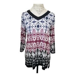 Christopher & Banks Multi Color Design 3/4 Sleeve V Neck Tunic Blouse Top Shirt